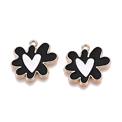 Rack Plating Alloy Enamel Pendants, Golden, Flower with Heart Charm, Black, 18.5x20.5x1.5mm, Hole: 1.6mm(ENAM-N056-344A)