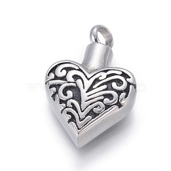 Retro 304 Stainless Steel Pendants, Perfume Bottle, Heart, Antique Silver, 28x18x7mm, Hole: 4mm(STAS-L237-03AS)