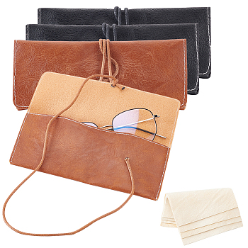 4Pcs Rectangle PU Leather Eyelasses Storage Bag, Portable Sunglass Bag, with Rope, with 4Pcs Suede Polishing Cloth, Mixed Color, Glasses Case: 180x80x4mm, Polishing Cloth: 80x80x0.4mm