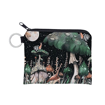 Polyester Zip Pouches, Change Purse, Rectangle with Mushroom Pattern, Black, 9.3x11.3cm