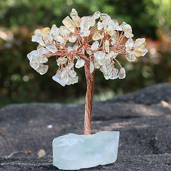Natural Citrine Chips Tree Decorations, Ntural Fluorite Base with Copper Wire Feng Shui Energy Stone Gift for Home Office Desktop Decoration, 80x120mm