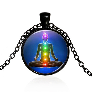 Chakra Theme Yoga Human Glass Pendant Necklace, Alloy Jewelry for Women, Electrophoresis Black, 15.75 inch~19.69 inch(40~50cm)