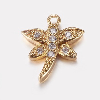 Long-Lasting Plated Brass Micro Pave Cubic Zirconia Charms, Dragonfly, Real 18K Gold Plated, 14x12x2.5mm, Hole: 1mm