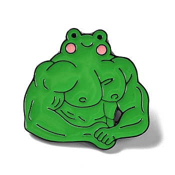 Black Zinc Alloy Brooches, Muscular Fitness Frog Enamel Pins, Green, 28x29.5x1mm