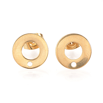 304 Stainless Steel Stud Earring Findings, with Loop and Ear Nuts/Earring Backs, Ring/Circle, Golden, 10mm, Hole: 1mm, Pin: 0.8mm,