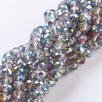 Faceted Electroplate Glass Rondelle Bead Strands, Rainbow Plated, Turquoise, Size: about 8mm in diameter, 6mm thick, hole: 1mm, about 68~70pcs/strand