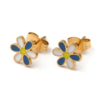 Ion Plating(IP) 304 Stainless Steel Stud Earrings with Colorful Enamel, Flower Shape, Real 18K Gold Plated, 8x7.5mm