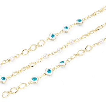 3.28 Feet Handmade Enamel Beaded Chains, with Plastic Imitation Pearl and Brass Textured Findings, Soldered, Long-Lasting Plated, Cross with Evil Eye, Golden, 11x6.5x4mm, 13x4mm, 6.5x5x0.6mm