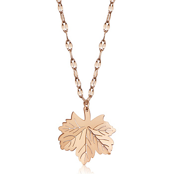SHEGRACE Titanium Steel Pendant Necklaces, with Cable Chains and Lobster Claw Clasps, Leaf, Rose Gold, 15.75 inch(40cm)