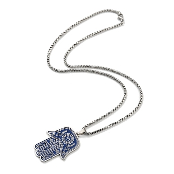 304 Stainless Steel Enamel Hamsa Hand Pendant Necklaces, Box Chains Necklaces for Women Men, Marine Blue, 19.49~19.88 inch(49.5~50.5cm)