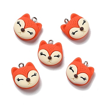 Opaque Resin Pendants, with Platinum Tone Iron Loops, Fox, Orange Red, 19x17.5x8mm, Hole: 2mm