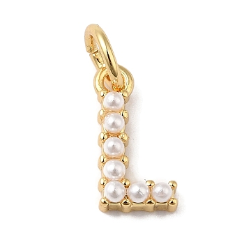 Rack Plating Brass with ABS Plastic Imitation Pearl Charms, Long-Lasting Plated, Lead Free & Cadmium Free, Real 18K Gold Plated, Letter L, 10.5x5.5x3mm, Hole: 3mm