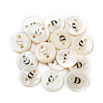 Freshwater Shell Buttons, Flat Round , Letter D, 12x2mm, Hole: 1.6mm