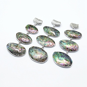Brass Abalone Shell Oval Big Pendants, with Scarf Bail Beads, Undyed, 71~92x30~35x8.5mm, Hole: 4x6mm