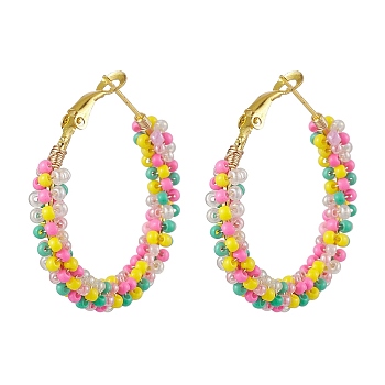 Colorful Glass Seed Beads Hoop Earrings, Ring Shape Iron Earring for Women, Golden, 37x5.5mm