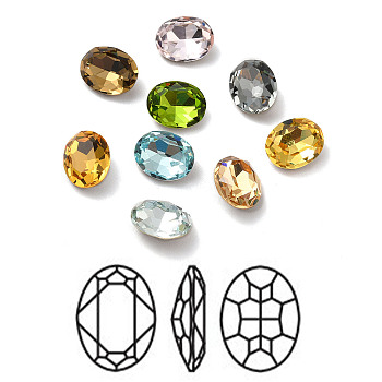Faceted K9 Glass Rhinestone Cabochons, Pointed Back & Back Plated, Oval, Mixed Color, 10x8x4mm