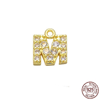 Real 18K Gold Plated 925 Sterling Silver Micro Pave Clear Cubic Zirconia Charms, Initial Letter, Letter M, 8x7x1.5mm, Hole: 0.9mm
