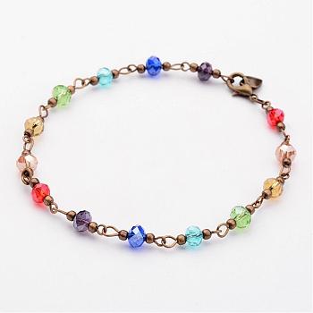 Glass Beads Anklets, Faceted, with Metal Findings, Antique Bronze, Colorful, 250mm(9-7/8 inch)