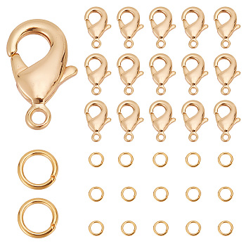 30Pcs Brass Lobster Claw Clasps with 30Pcs Open Jump Rings, Nickel Free, Real 18K Gold Plated, Clasps: 12x7x2.5mm, Hole: 1mm, Jump Rings: 21 Gauge, 5x0.7mm, Inner Diameter: 3.6mm