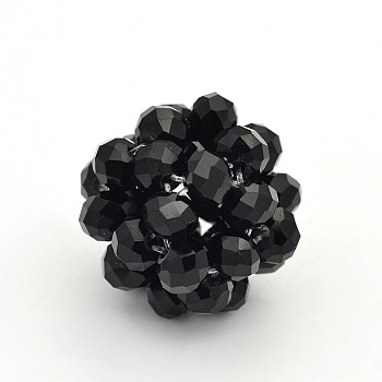Braided Glass Crystal Round Woven Beads, Cluster Beads, Black, 22mm