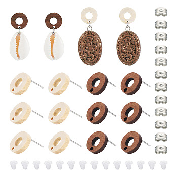 20Pcs 2 Styles Donut Shape Natural Ash Wood Stud Earring Findings, with 304 Stainless Steel Pin, 20Pcs Plastic Ear Nuts, 20Pcs 201 Stainless Steel Ear Nuts, Mixed Color, 4~12x4~12x3mm, Hole: 0.7~1.8mm, Pin: 0.7mm