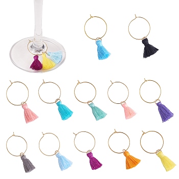 DIY Wine Glass Charm Making Kits, Including Polycotton(Polyester Cotton) Tassel Pendant Decorations, Brass Wine Glass Charm Rings, Mixed Color, 72Pcs/box