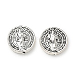 Religion Alloy Beads, Flat Round with Saint, Antique Silver, 14.5x3.5mm, Hole: 1.2mm, about 323pcs/1000g(FIND-E051-12AS)