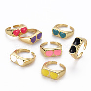 Brass Enamel Cuff Rings, Open Rings, Nickel Free, Glasses, Real 16K Gold Plated, Mixed Color, US Size 7 1/4(17.5mm)(RJEW-Q164-003-NF)