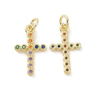 Brass Micro Pave Colorful Cubic Zirconia Pendants, with Jump Ring, Cross Charms, Real 18K Gold Plated, 17.5x10.5x1.5mm, Hole: 3.2mm(KK-E068-VF126)