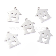 304 Stainless Steel Charms, Laser Cut, House, Stainless Steel Color, 13.5x12x1.1mm, Hole: 1.4mm(STAS-O142-29P)
