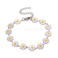 Enamel Daisy Link Chains Bracelet, 304 Stainless Steel Jewelry for Women, Stainless Steel Color, White, 7-1/4 inch(18.4cm)(BJEW-P271-01P-01)