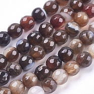 Natural Striped Agate/Banded Agate Beads Strands, Round, Faceted, Dyed, Coconut Brown, 6mm, Hole: 1mm, about 62pcs/strand, 14.5 inch(37cm)(G-P364-04-6mm)