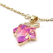 Maple Leaf Light Gold Brass Micro Pave Cubic Zirconia Pendant Necklaces, with Glass, Magenta, 16.22 inch(41.2cm)(NJEW-E105-14KCG-03)
