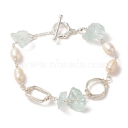 Brass Wire Wrapped Rectangle Link Bracelet, with Natural Pearl & Quartz Crystal Chips Beaded, Silver, 7-1/8 inch(18cm)(BJEW-C051-36S)
