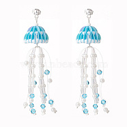 Glass Seed & Synthetic Moonstone Beaded Long Tassel Dangle Stud Earrings with Shell Pearl for Women, Deep Sky Blue, 75mm, Pin: 0.8mm(EJEW-TA00062)