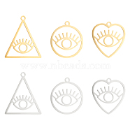 Unicraftale 12Pcs 6 Style Ion Plating(IP) 201 Stainless Steel Pendants, Laser Cut, Hollow, Heart with Eye & Flat Round with Eye & Triangle with Eye, Golden & Stainless Steel Color, 27~30x24~26.5x1mm, Hole: 2mm, 2 pcs/style(STAS-UN0033-43)
