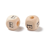 (Defective Closeout Sale: Grained), Printed Natural Wood Beads, Horizontal Hole, Cube with Initial Letter, PapayaWhip, Letter.E, 10x10x10mm, Hole: 3.5mm, about 1000pcs/500g(WOOD-XCP0001-60)