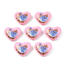 Flower Printed Opaque Acrylic Heart Beads, Pink, 16x19x8mm, Hole: 2mm(SACR-S305-28-H02)