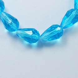 Glass Beads Strands, Faceted, teardrop, Deep Sky Blue, 15x10mm, Hole: 2mm, about 48pcs/strand, 27.56 inch(70cm)(GLAA-R024-15x10mm-7)