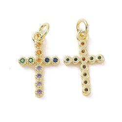 Brass Micro Pave Colorful Cubic Zirconia Pendants, with Jump Ring, Cross Charms, Real 18K Gold Plated, 17.5x10.5x1.5mm, Hole: 3.2mm(KK-E068-VF126)