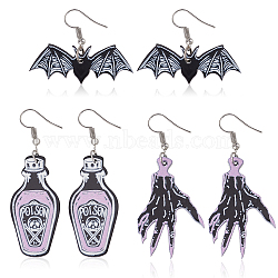 3 Pairs 3 Style Skeleton Hand & Bat & Bottle Acrylic Dangle Earrings for Halloween, Mixed Color, 35~65.5mm, Pin: 0.8mm, 1 Pair/style(EJEW-AN0002-93)