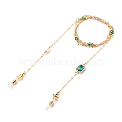 Eyeglasses Chains, Neck Strap for Eyeglasses, with Brass Cable Chains, Natural Pearl Beads, Glass Beads, 304 Stainless Steel Lobster Claw Clasps and Rubber Loop Ends, Real 18K Gold Plated, Teal, 31.57 inch(80.2cm)(AJEW-EH00248-03)