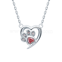 S925 Sterling Silver Red Heart Cat Paw Print Pendant Necklace, Sweet Cute Collarbone Chain for Women(SX5405)