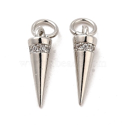 Rack Plating Brass Micro Pave Cubic Zirconia Charms, Long-Lasting Plated, Cadmium Free & Lead Free, with Jump Ring, Cone/Spike Charm, Platinum, 15x4mm, Hole: 3.5mm(KK-E081-17P)