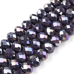 Electroplate Glass Beads Strands, Opaque Solid Color, AB Color Plated, Faceted, Rondelle, Purple, 8x6mm, Hole: 1mm, about 64~65pcs/strand, 40~41cm(EGLA-A044-P8mm-B11)