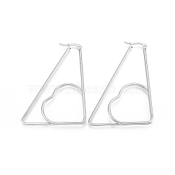 201 Stainless Steel Hoop Earrings, with 304 Stainless Steel Pin, Hypoallergenic Earrings, Triangle with Heart, Stainless Steel Color, 60x44x1.9mm, Pin: 0.8mm(EJEW-A052-21C)