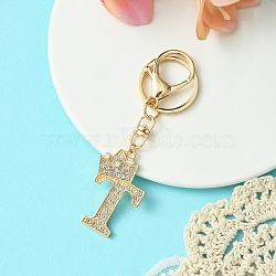 Golden Alloy Rhinestone Keychain, with Alloy Clasp and Iron Rings, Letter T, 10cm, Pendant: 43mm(KEYC-YW00105-20)