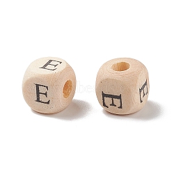 (Defective Closeout Sale: Grained), Printed Natural Wood Beads, Horizontal Hole, Cube with Initial Letter, PapayaWhip, Letter.E, 10x10x10mm, Hole: 3.5mm, about 1000pcs/500g(WOOD-XCP0001-60)