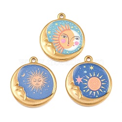 304 Stainless Steel Pendants, Flat Round with Sun & Moon Charms, Ion Plating(IP), Real 18K Gold Plated, Mixed Color, 23.5x20.5x3mm, Hole: 1.5mm(SA-CBA4809-23G)