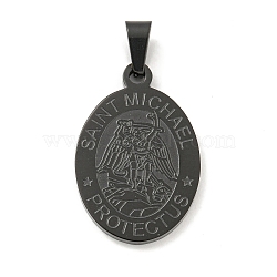 304 Stainless Steel Pendants, Oval with Saint Michael Charm, Black, 27x18x2mm, Hole: 6x3.5mm(STAS-C102-09C-EB)